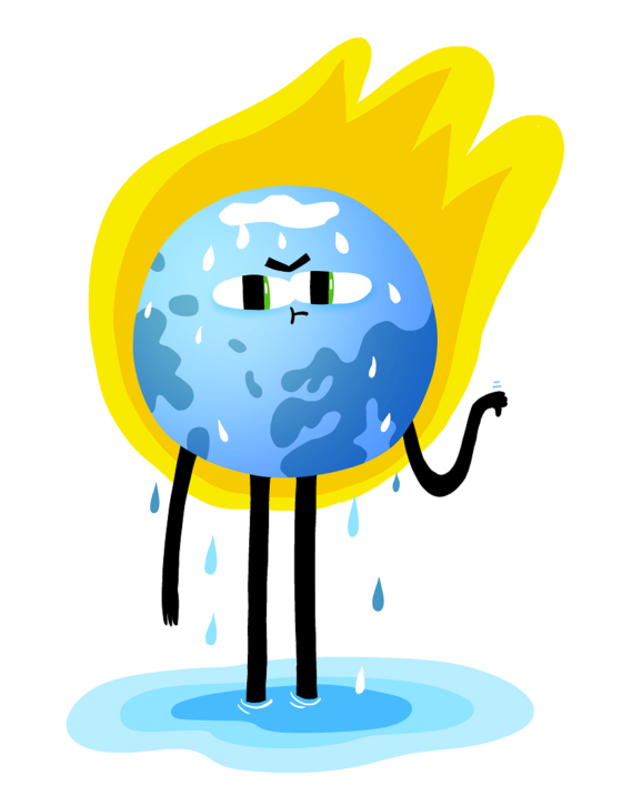 Maapalloa muistuttava sininen piirroshahmo hikoilee. Sen takana on suuri keltainen tulipallo ja alapuolella vesilammikko.