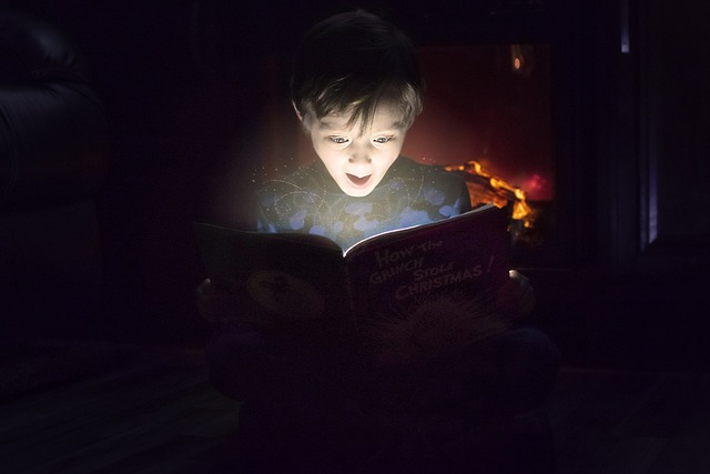 Lapsi lukee kirjaa taskulampun valossa.