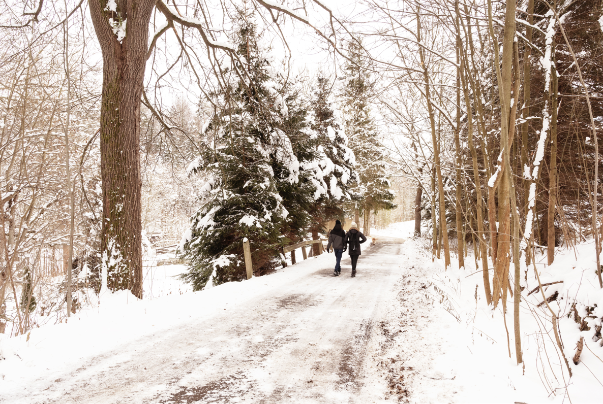 Kaksi ihmistä kävelee talvisessa maisemassa