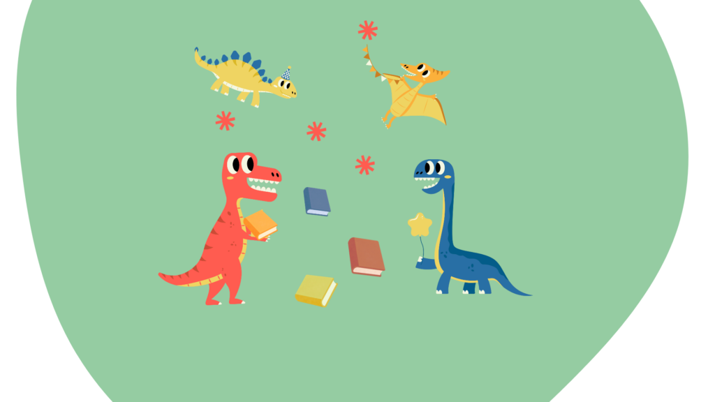 Piirrettyjä värikäitä dinosaurushahmoja ja kirjoja.
